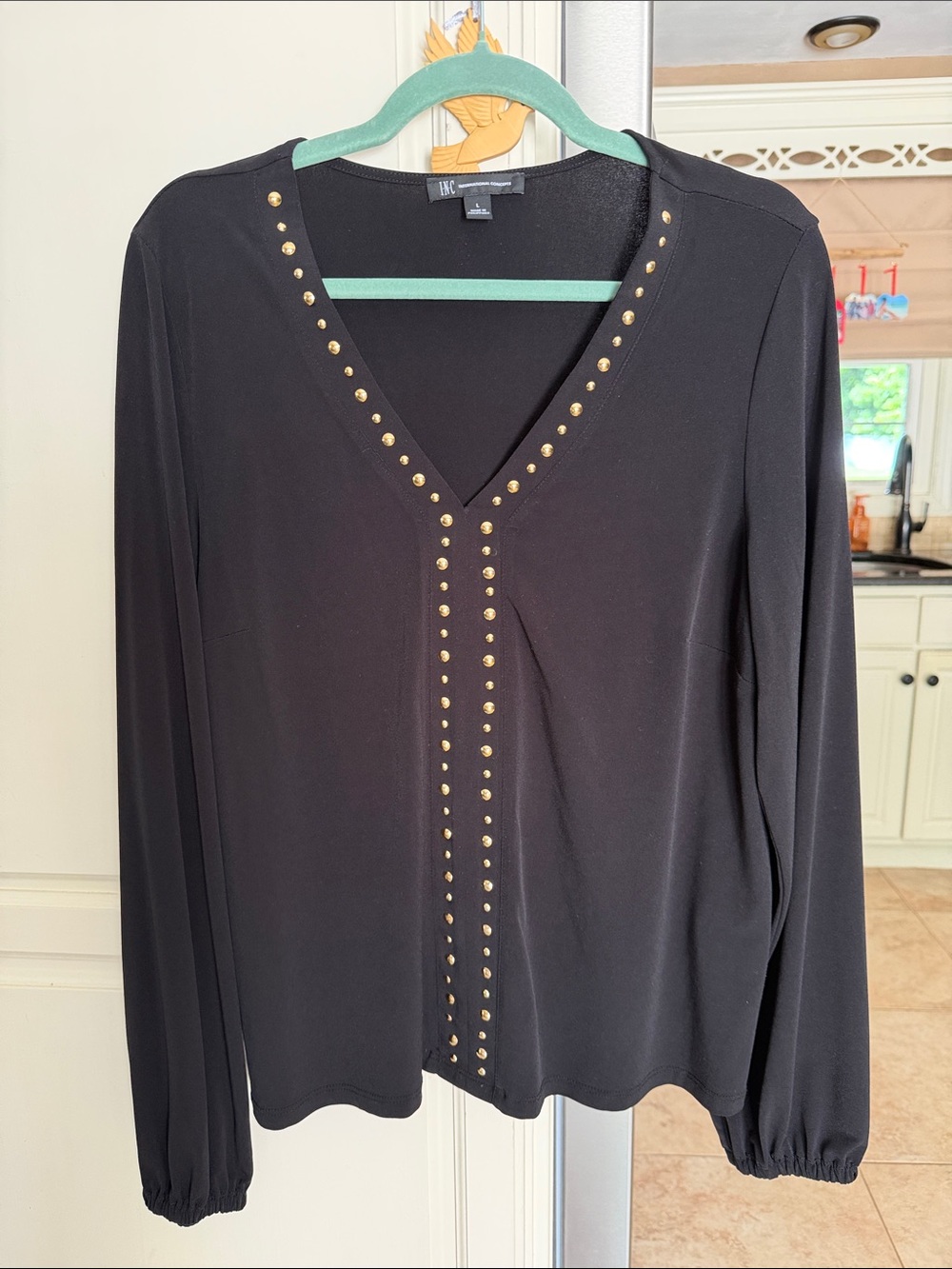 INC International Concepts Black V-Neck Top with Gold Stud Trim